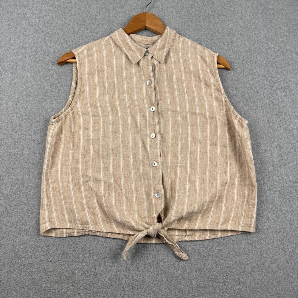 Chico's Design Linen Top Womens Small Tan Striped Short Sleeve Tie Front Blouse